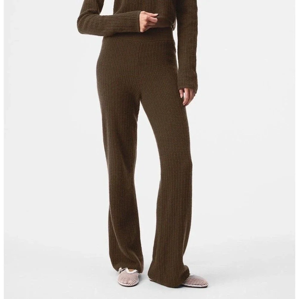 Alo Yoga Cashmere High-Waist Plush Waffle Knit Pants Sz L Espresso Brown Lounge